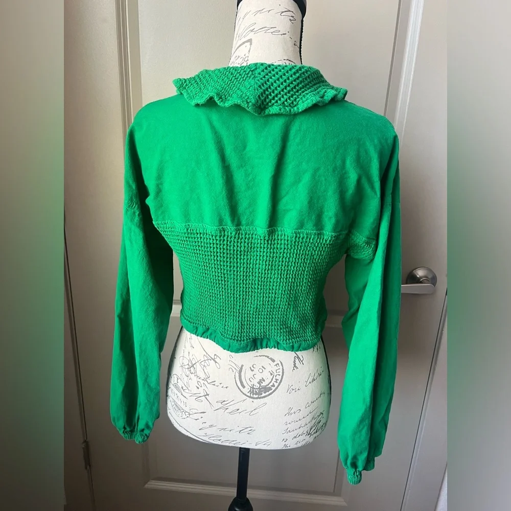 Free People Green Textured Kennedy Cropped Sweatshirt